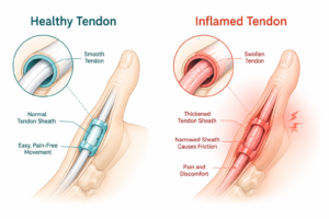 Understanding De Quervain's Tenosynovitis - healthy vs inflamed tendon